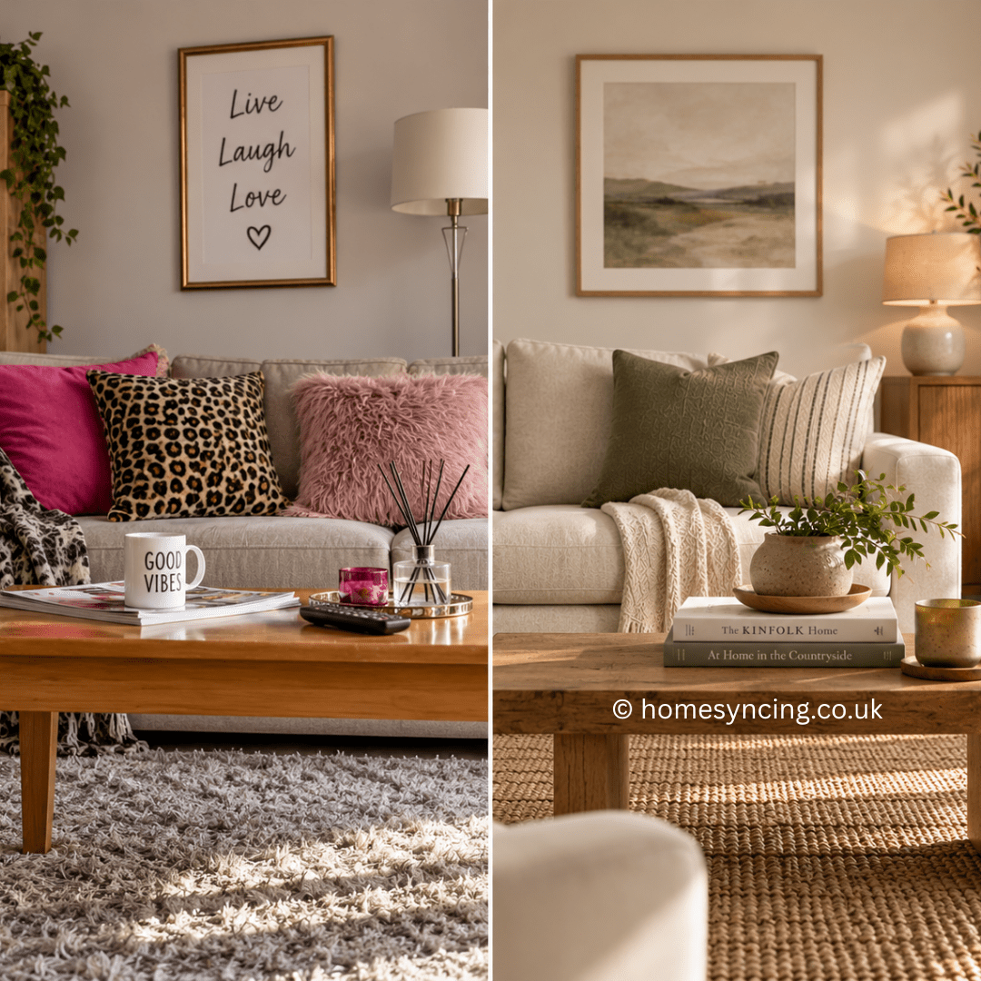 Before-and-after living room showing common décor mistakes alongside a more stylish, considered space with natural textures, warm wood and elegant neutral furnishings.