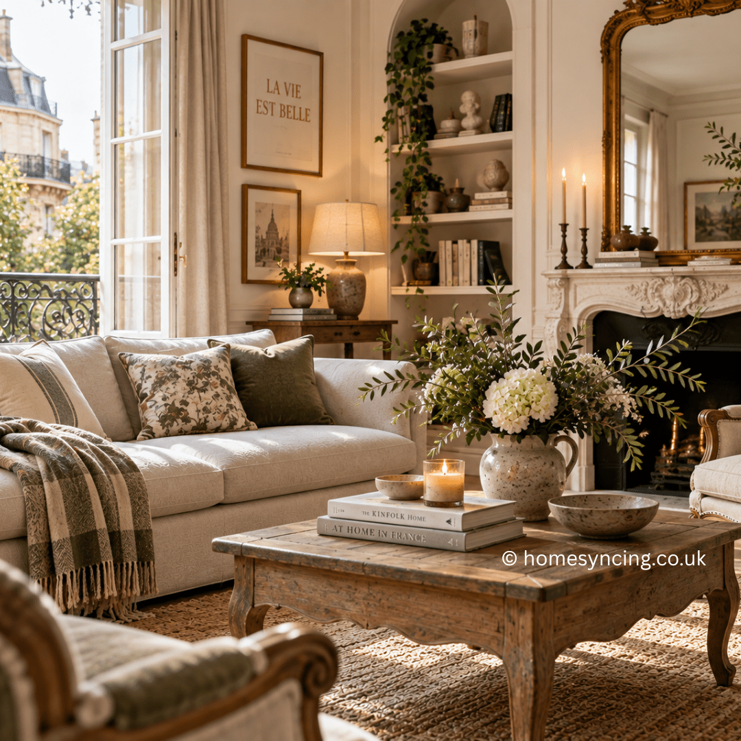 Bright French-inspired living room with elegant linen furniture, a carved stone fireplace, gilded mirror, rustic wooden coffee table and soft botanical accents, blending relaxed Parisian elegance with timeless French country style.