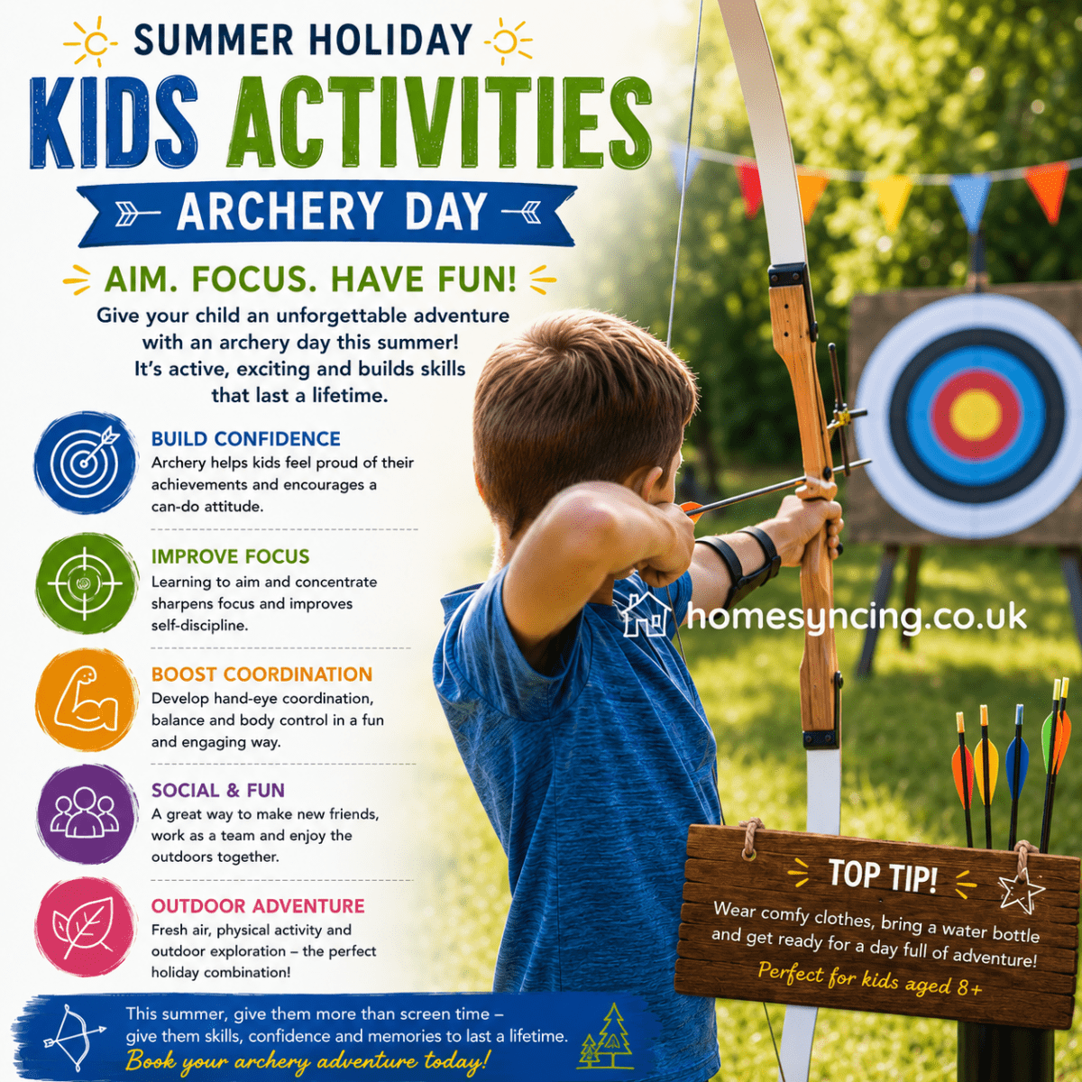 Child participating in outdoor archery during a summer holiday activity day. Kids archery experience promoting confidence, focus, coordination, teamwork, outdoor adventure, and active learning through fun recreational activities for children.