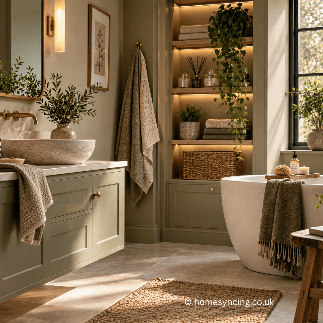 Elegant sage green bathroom with a freestanding bath, stone basin, brass fittings, open shelving, natural textures and leafy plants.