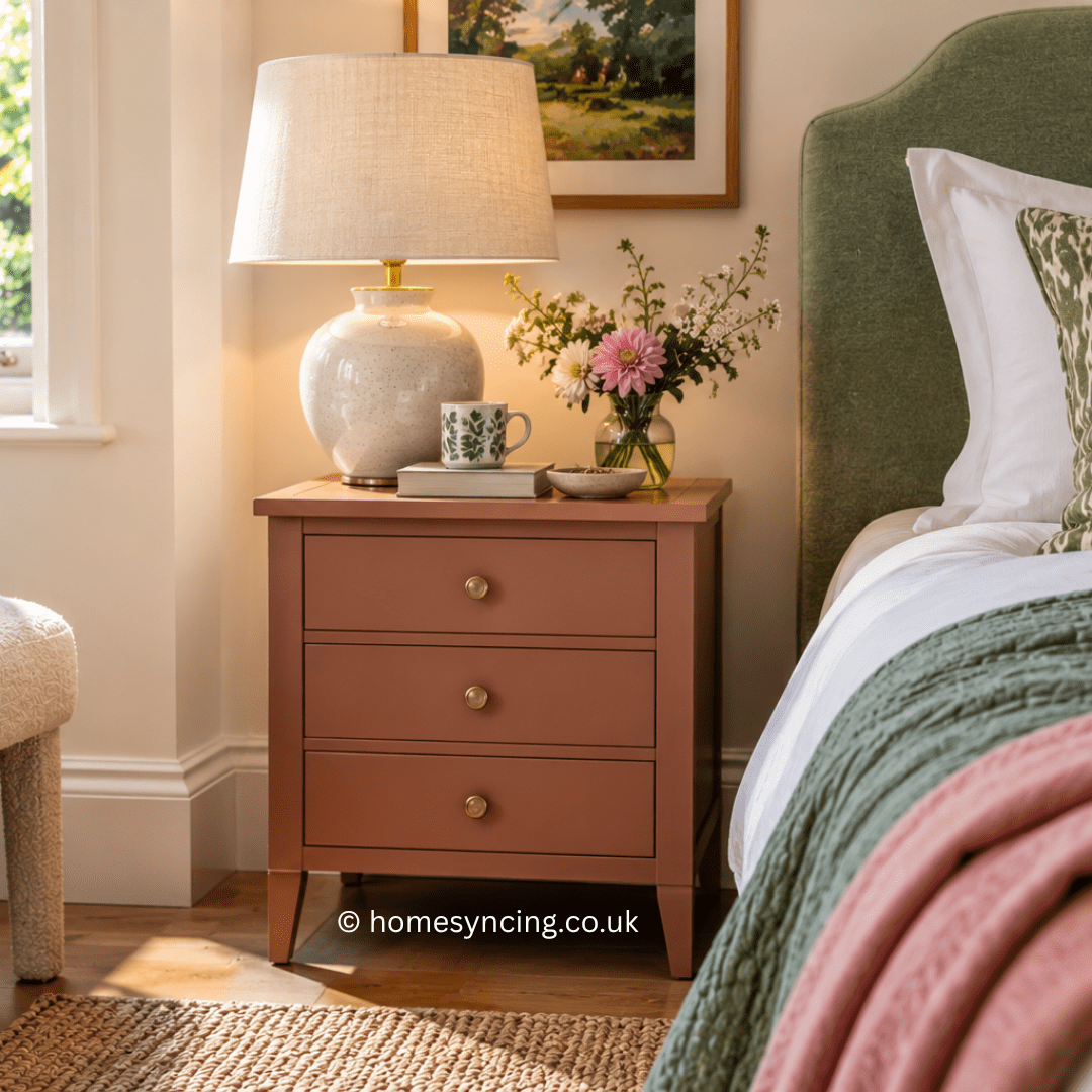 Bright, stylish bedroom with a coral bedside cabinet, ceramic lamp and fresh flowers, paired with a sage green upholstered bed and colourful layered textiles.
