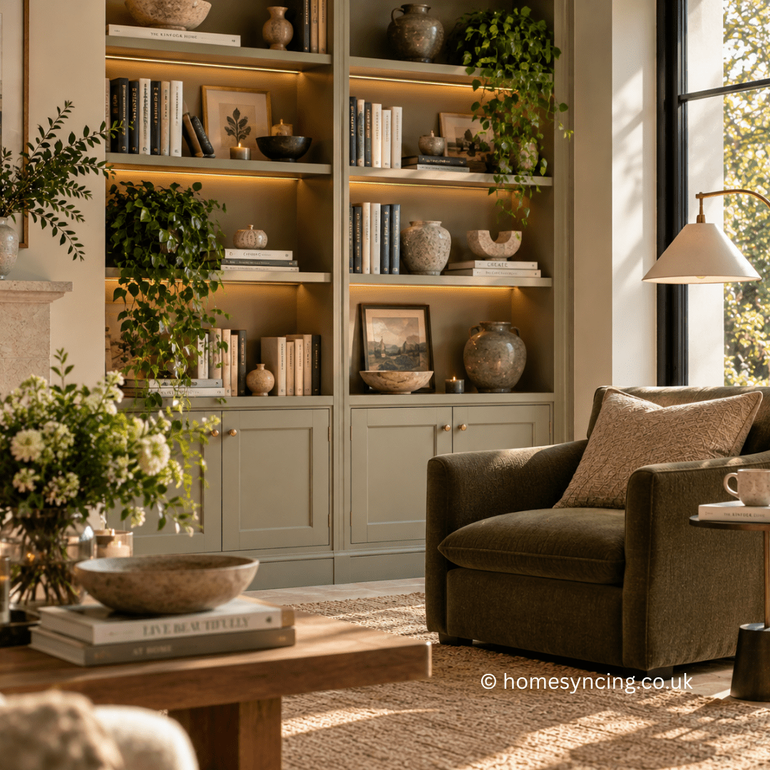 Olive green built-in bookshelves styled with books, ceramics and plants beside a deep green armchair in a warm, elegant living room.
