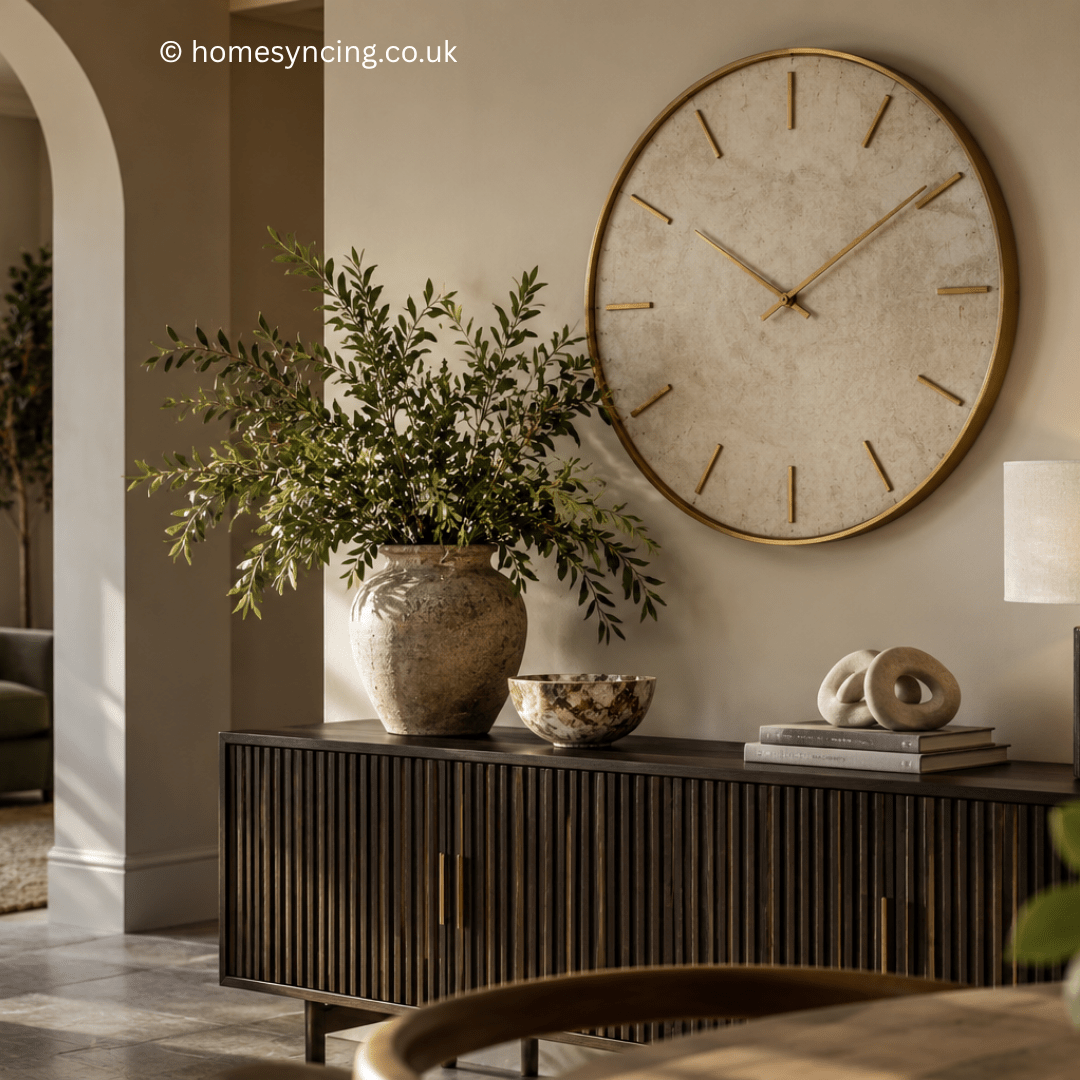 Large brass-framed wall clock above a dark wood console, styled with greenery, sculptural accessories and a contemporary lamp in an elegant neutral interior.
