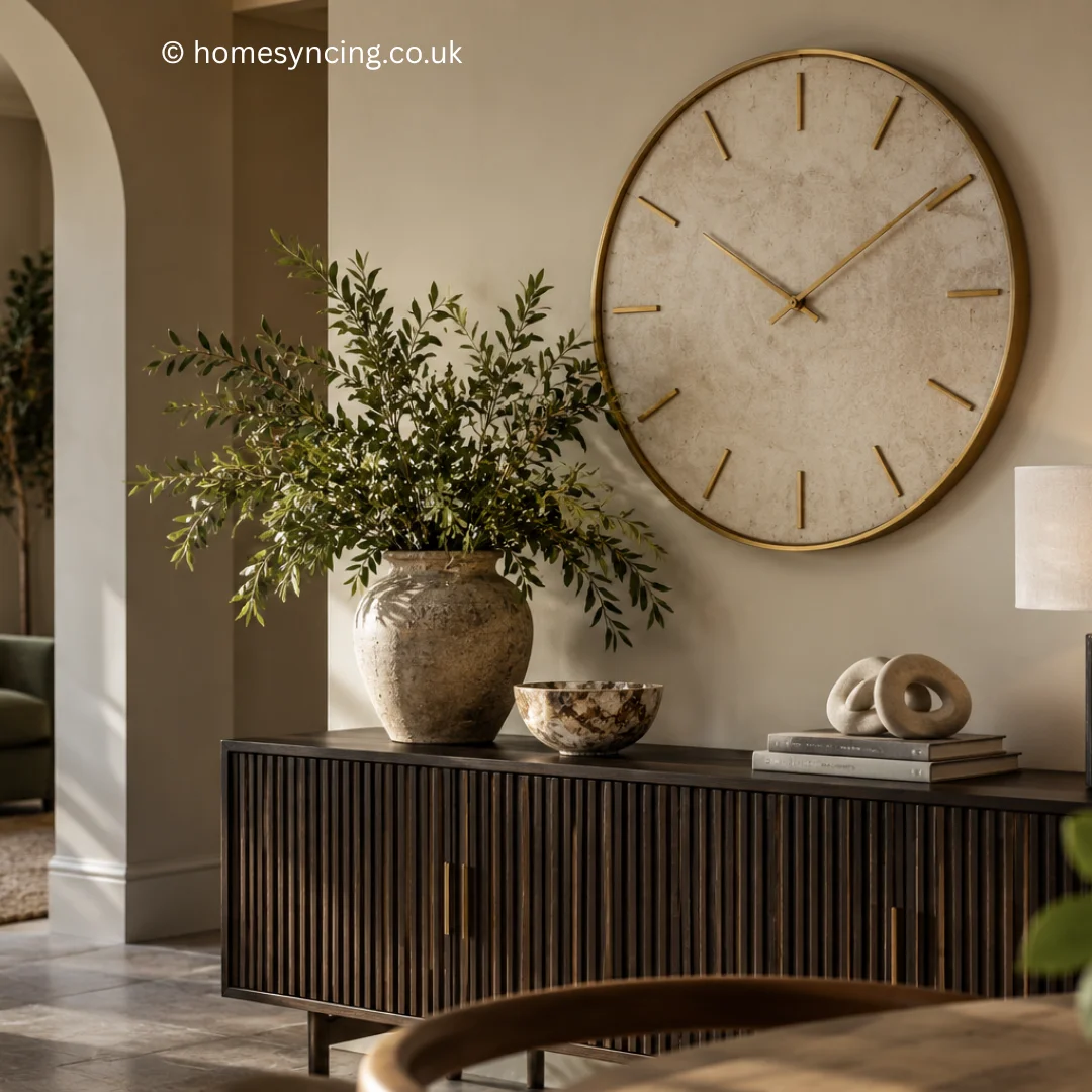 Large brass-framed wall clock above a dark wood console, styled with greenery, sculptural accessories and a contemporary lamp in an elegant neutral interior.
