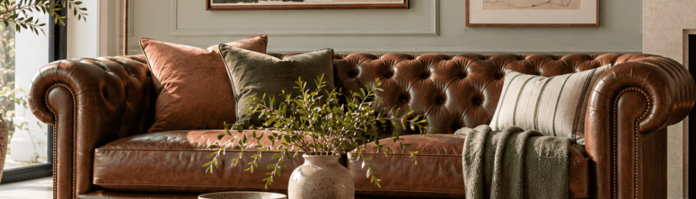 Classic brown leather Chesterfield sofa in a bright contemporary living room with olive and rust cushions, modern artwork and a stone coffee table.