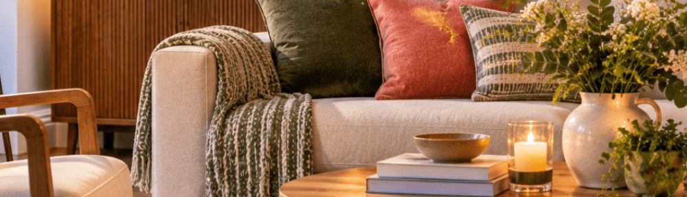 Bright contemporary living room showcasing layered lighting, with a woven pendant, floor and table lamps, warm accent lighting and colourful soft furnishings.
