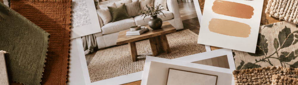 An interior design mood board with room inspiration, fabric swatches, paint colours, natural textures and botanical details arranged on a wooden table.