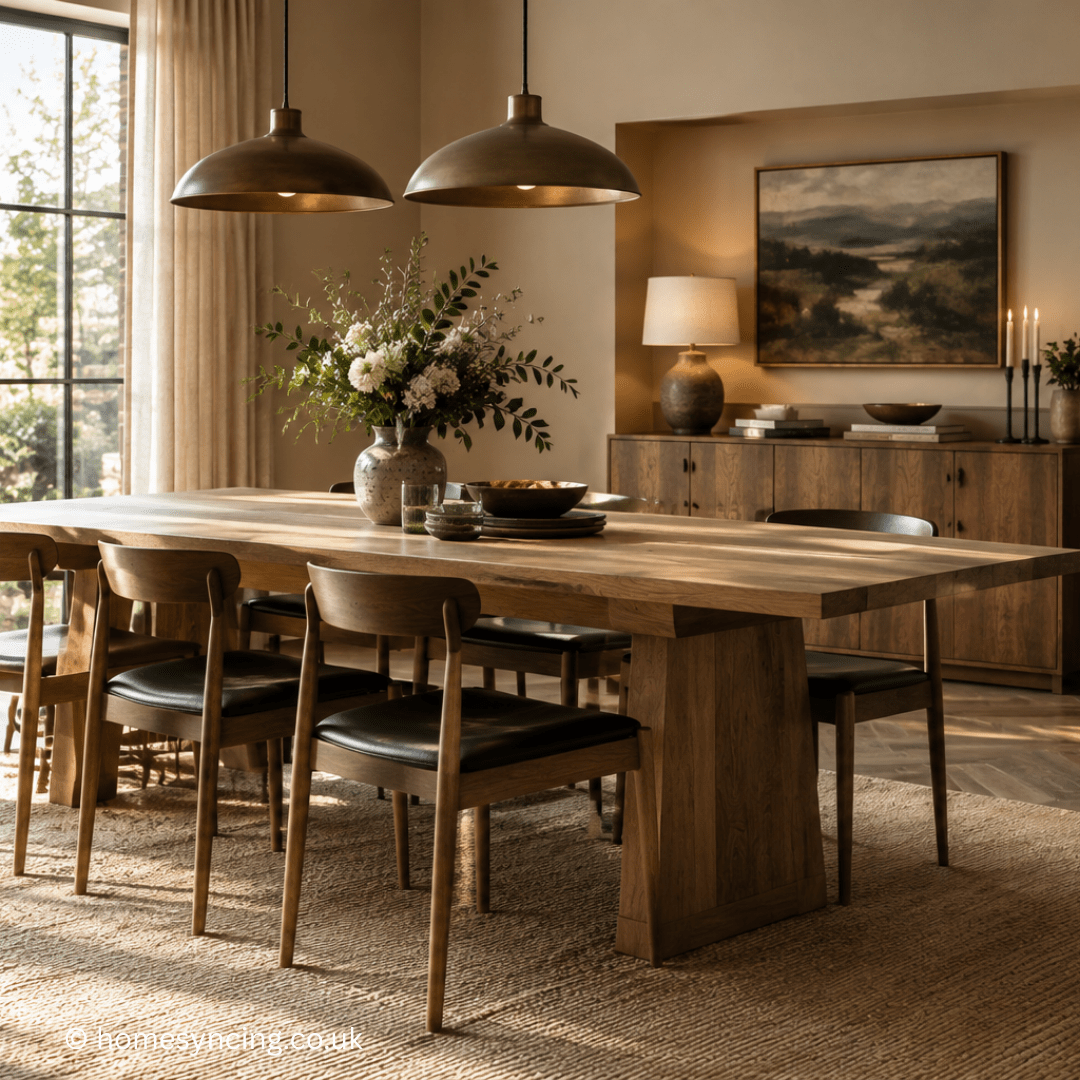 Large oak dining table with six upholstered chairs in a warm, elegant dining room, styled with brass pendant lights, natural greenery and neutral accessories.