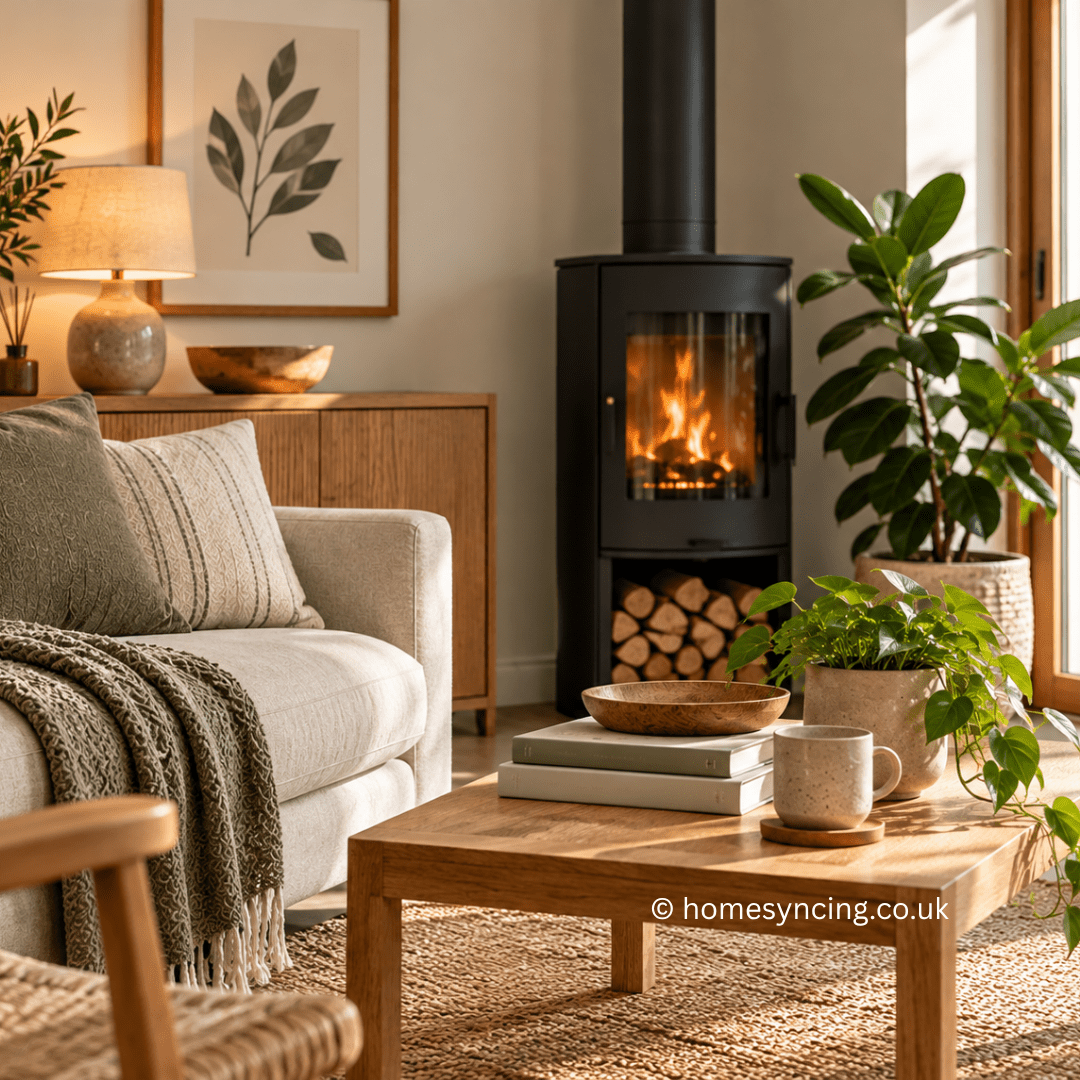 Bright, eco-friendly living room with natural wood furniture, soft neutral furnishings, leafy plants and a wood-burning stove, creating a warm and sustainable home.