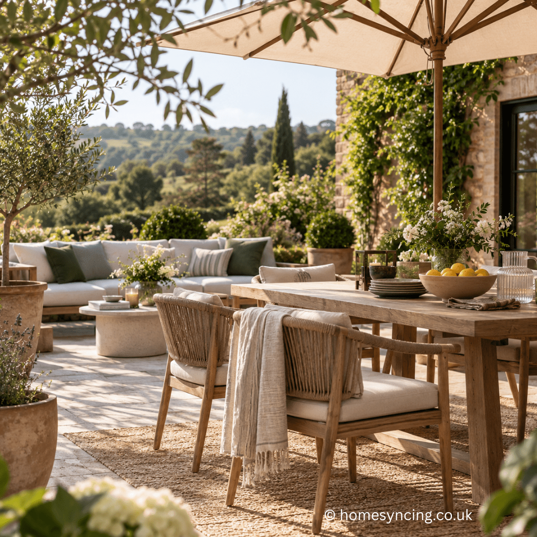 Elegant garden terrace with a wooden dining table, woven chairs and relaxed outdoor sofa, surrounded by potted olive trees, lavender and lush planting.