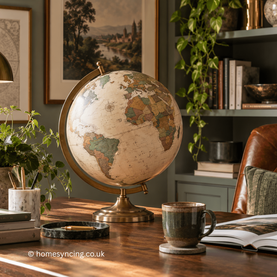 Vintage-style globe with an antique brass stand displayed on a wooden desk in an elegant home study with green shelving, books and plants.