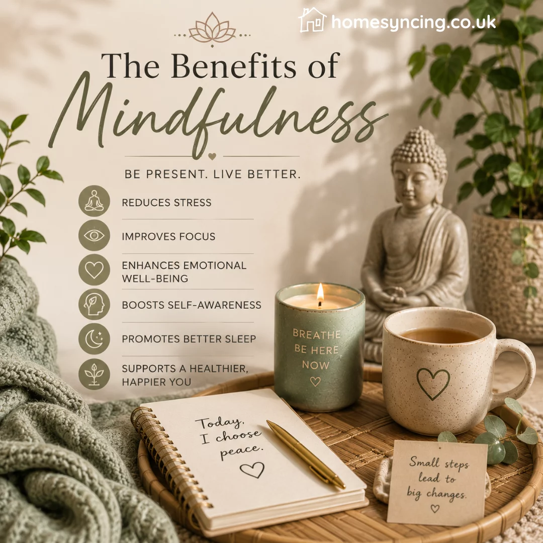 Mindfulness-inspired wellness scene featuring a lit candle, journal, Buddha statue, tea mug and indoor plants. The image includes the title "The Benefits of Mindfulness" and highlights stress reduction, focus and emotional wellbeing.