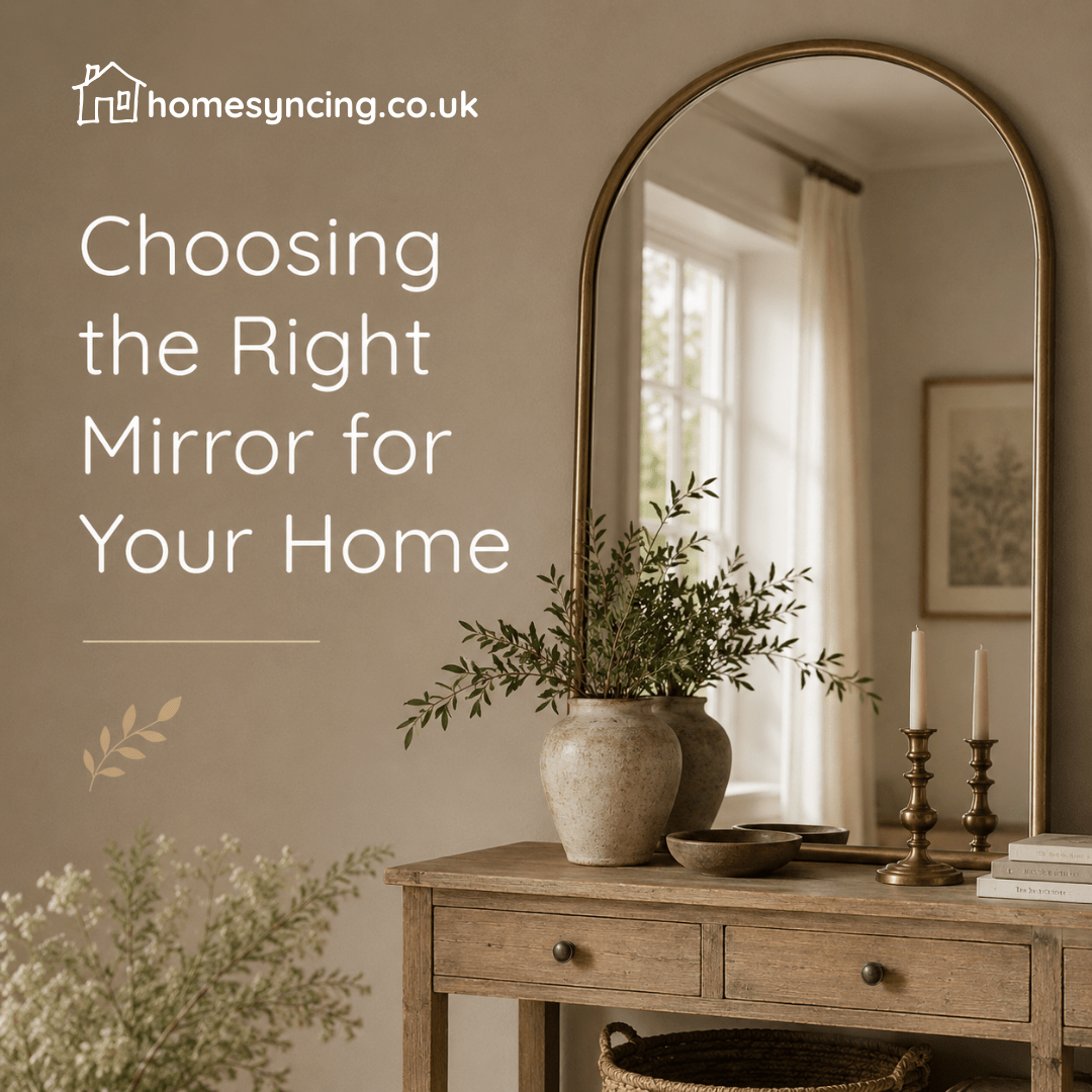 A warm, neutral-toned interior featuring an elegant arched mirror above a rustic wooden console table. Soft natural light reflects through the mirror, while ceramic vases, greenery and brass candlesticks create a calm, welcoming atmosphere. The blog title "Choosing the Right Mirror for Your Home" appears in a clean Quicksand-style font, making this an inviting image for home décor inspiration.