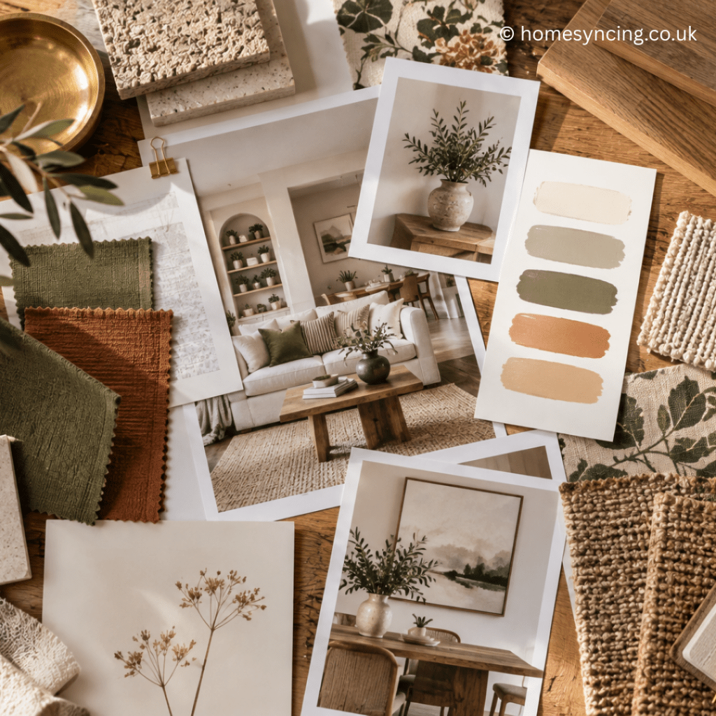 An interior design mood board with room inspiration, fabric swatches, paint colours, natural textures and botanical details arranged on a wooden table.