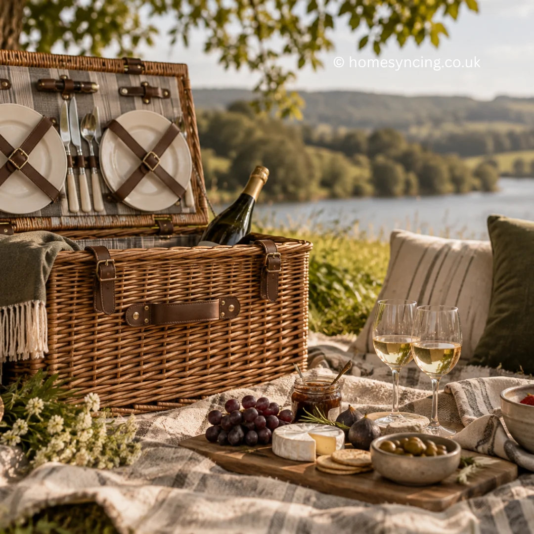 An open wicker picnic hamper with plates and cutlery, styled with cheese, fruit, wine and a picnic blanket overlooking a peaceful countryside lake.