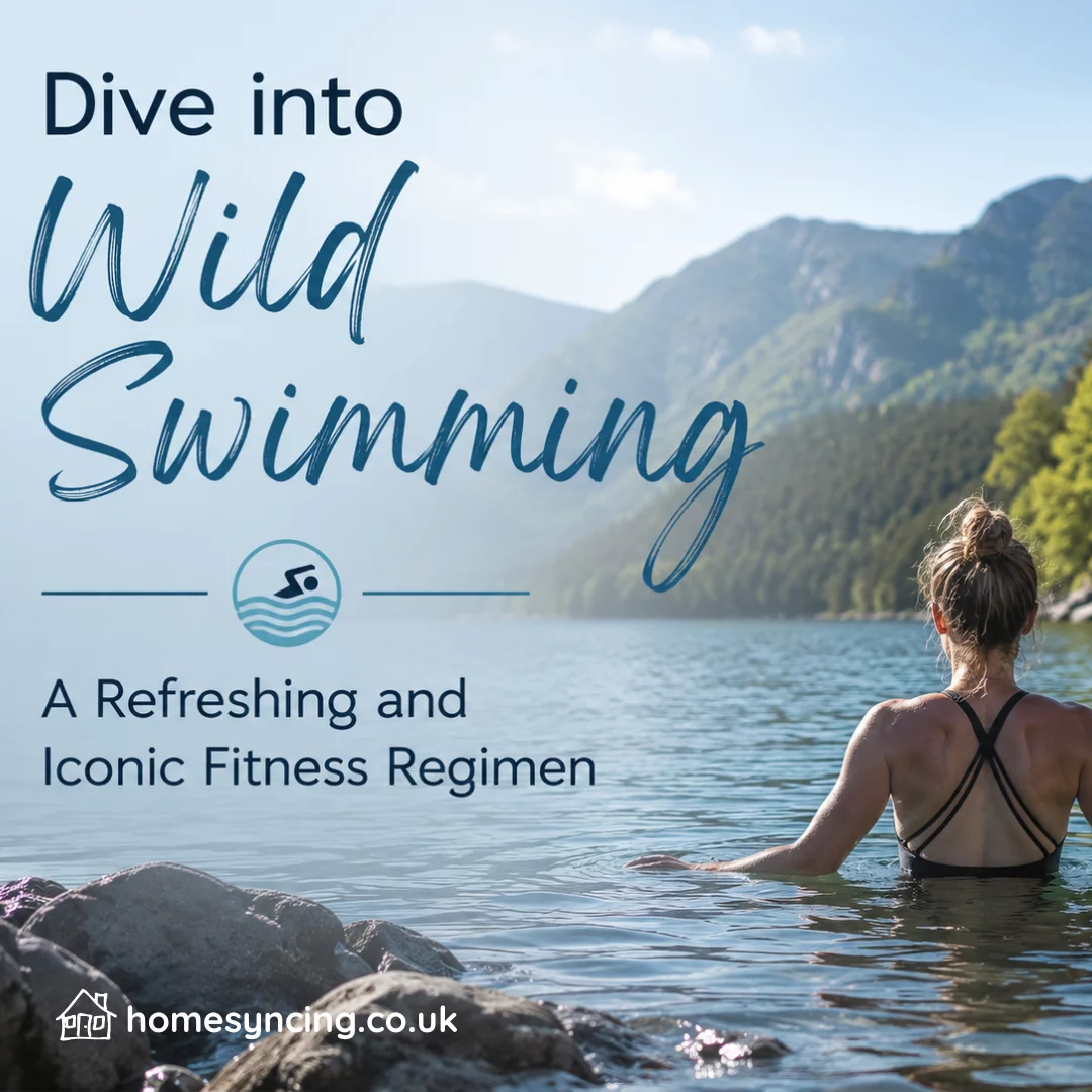 Person enjoying a wild swim in a peaceful mountain lake surrounded by forests and scenic landscapes. The image features the title "Dive into Wild Swimming: A Refreshing and Iconic Fitness Regimen" alongside calm blue waters and natural outdoor surroundings.