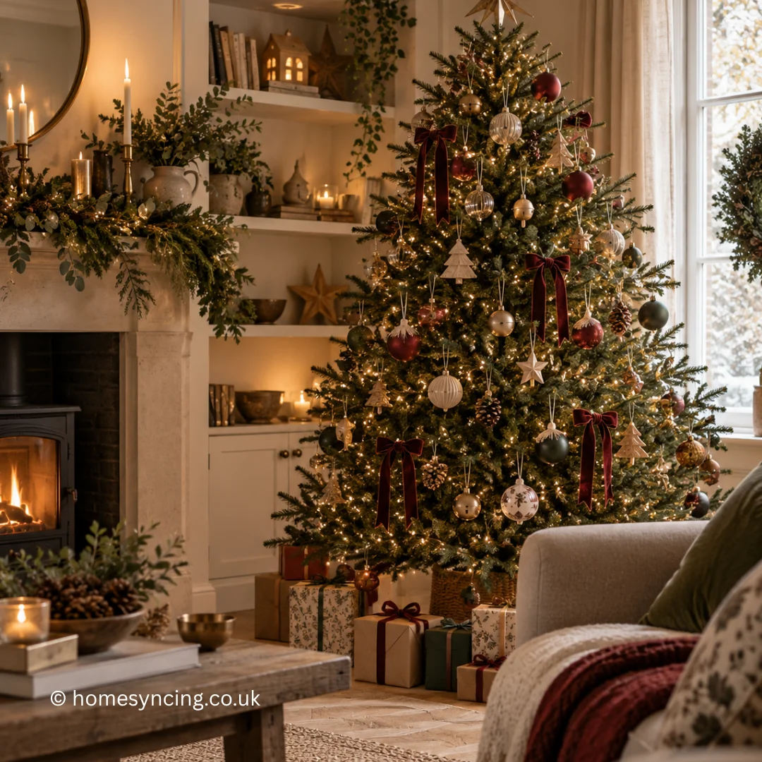 A beautifully decorated Christmas tree with burgundy bows, traditional baubles and warm lights in a cosy living room with a festive fireplace and wrapped presents.