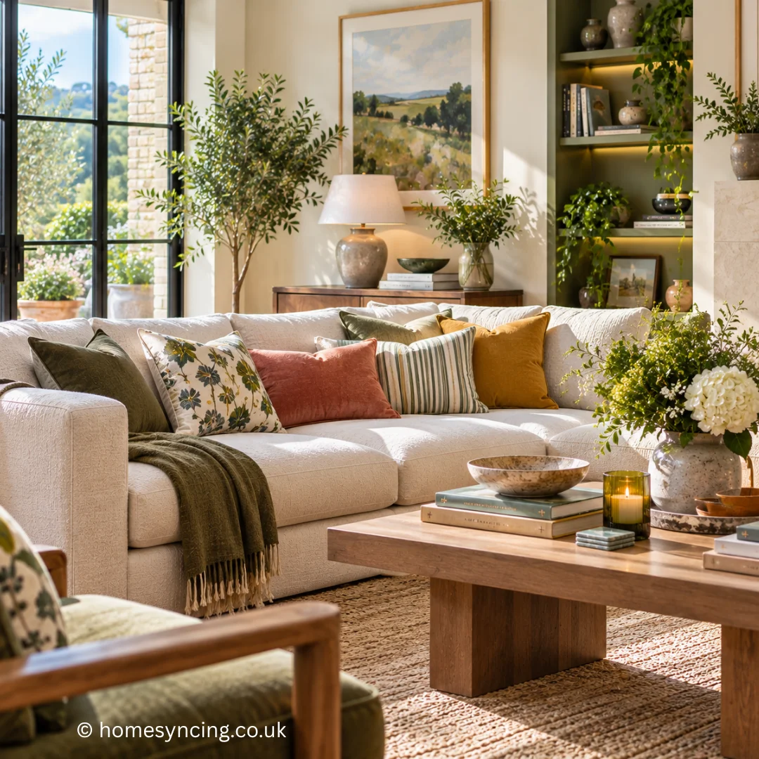 Bright living room with a cream corner sofa styled with colourful botanical, olive green, coral and mustard cushions, surrounded by warm wood furniture and greenery.