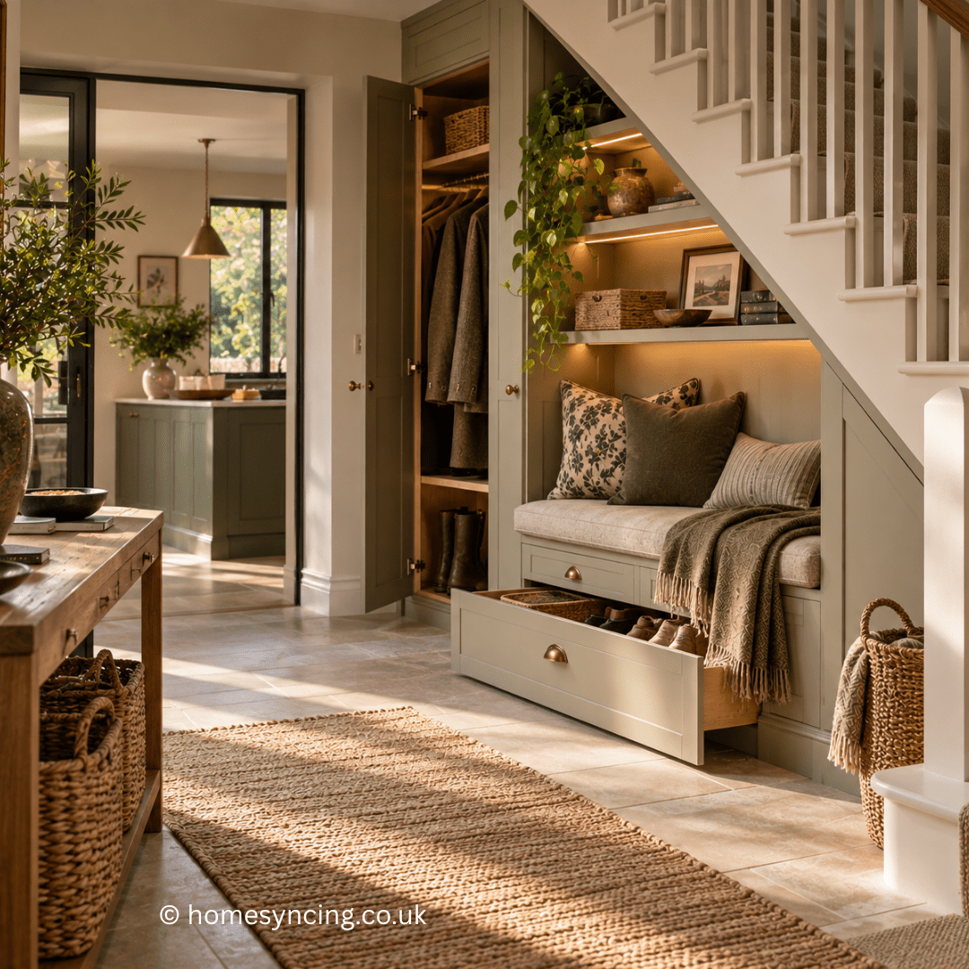 Bright, stylish hallway with sage green under-stairs storage, a built-in bench, open shelving and practical shoe drawers, combining clever storage with a warm, welcoming design.