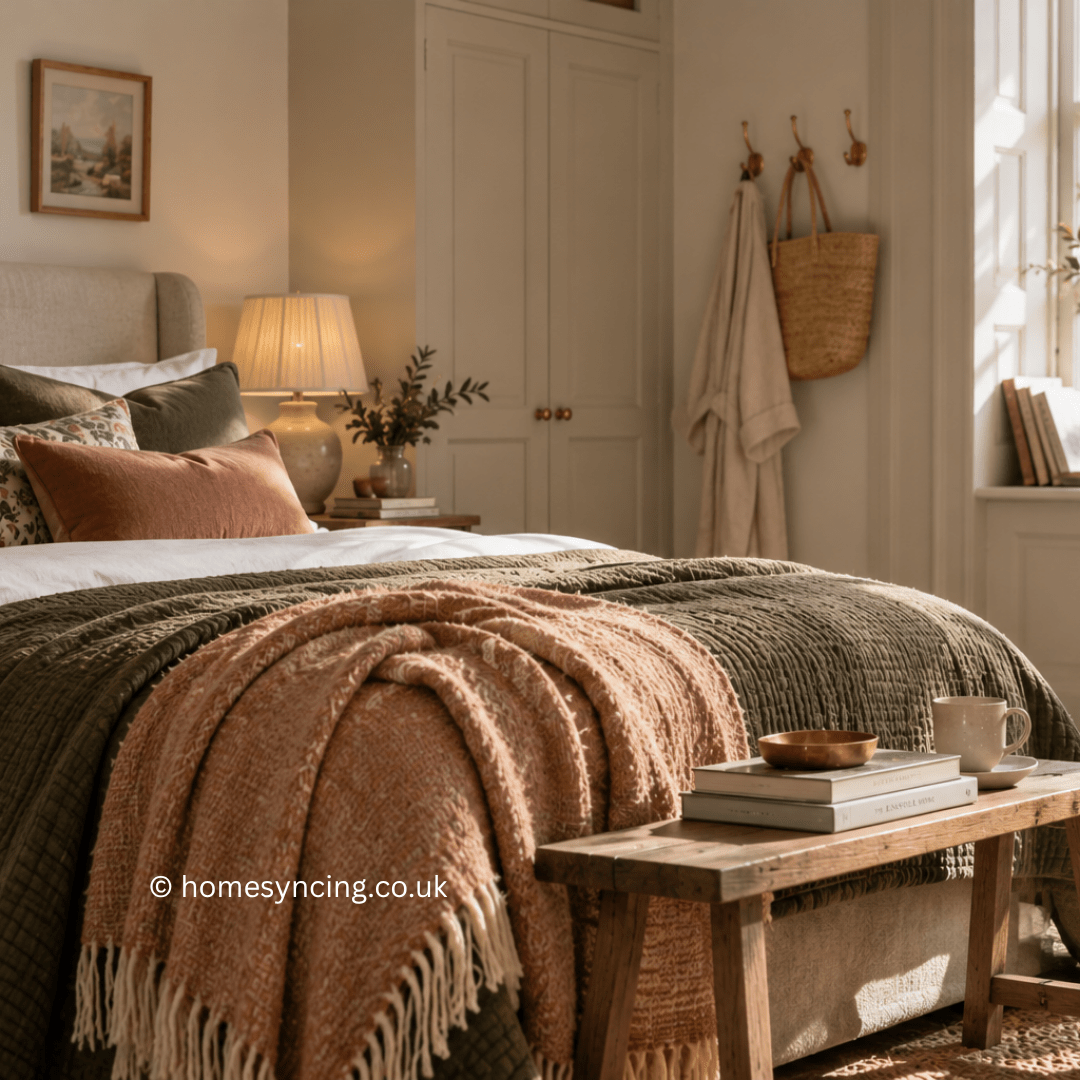 A cosy bedroom with layered olive green and terracotta bedding, natural wood furniture, soft lighting and warm neutral décor.