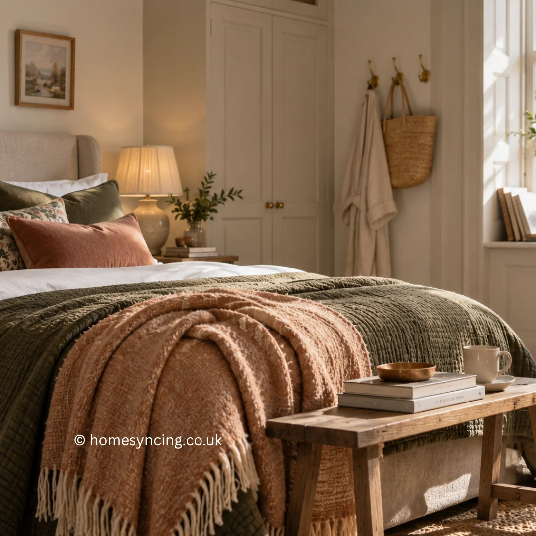 A cosy bedroom with layered olive green and terracotta bedding, natural wood furniture, soft lighting and warm neutral décor.