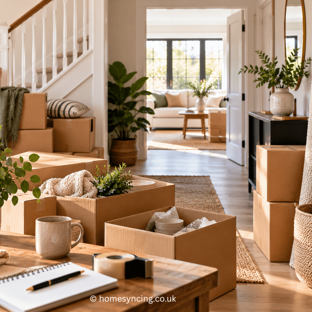 Bright, organised home interior with neatly packed moving boxes, natural textures and greenery, creating a calm and stylish setting for a well-planned house move.