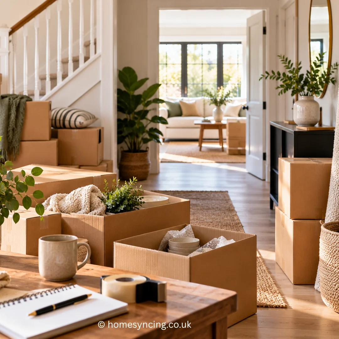 Bright, organised home interior with neatly packed moving boxes, natural textures and greenery, creating a calm and stylish setting for a well-planned house move.