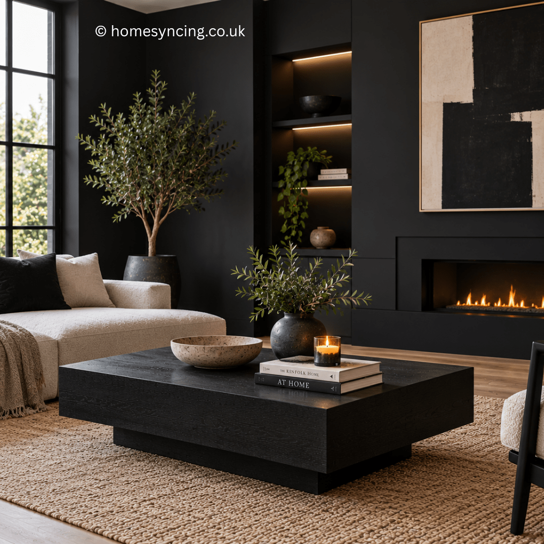 Minimal contemporary living room with bold black walls, a sleek fireplace, cream seating, natural wood and subtle greenery, creating a striking yet warm and sophisticated interior.
