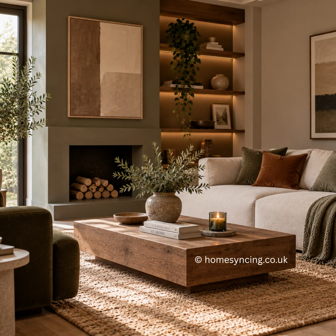 Warm, calming living room styled with grounding earthy colours, including olive green, warm brown, soft beige and natural wood, layered with organic textures and understated contemporary details.