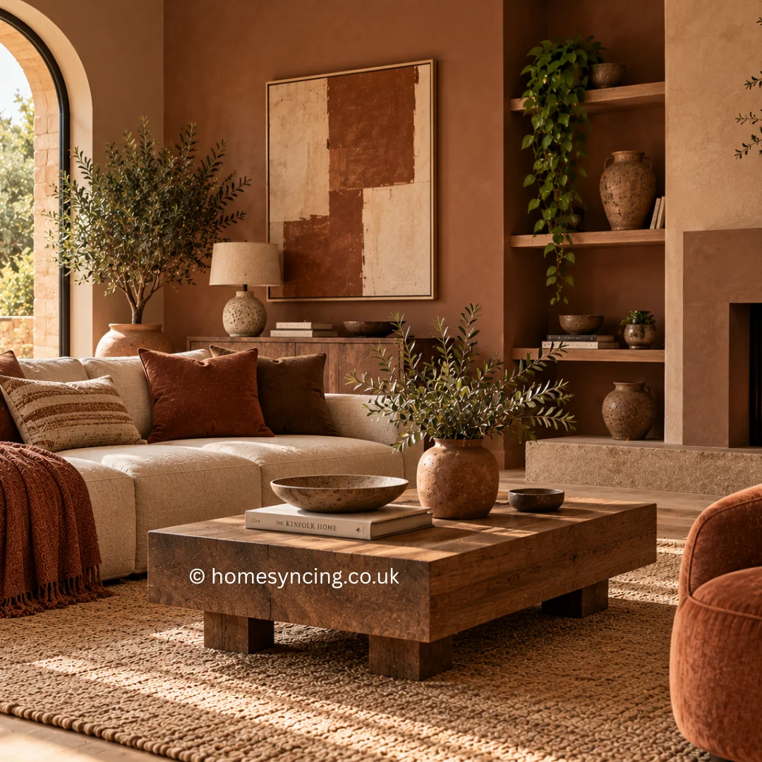 Warm, inviting living room layered with baked earth colours, including terracotta, rust, clay and soft sand, complemented by natural wood, tactile textiles and Mediterranean-inspired details.