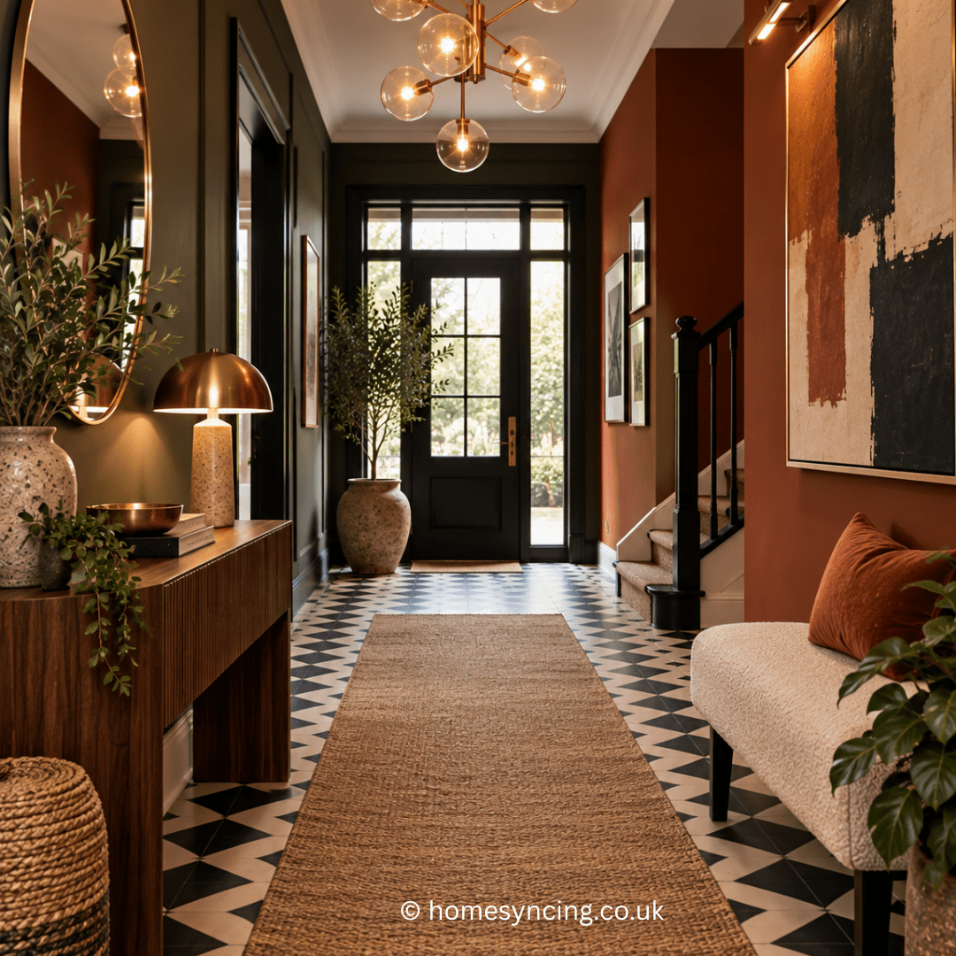 Bold, welcoming hallway featuring rich colour, statement lighting, patterned flooring, striking artwork and carefully styled furniture, creating a memorable first impression with a sophisticated contemporary feel.