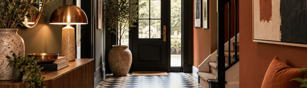 Bold, welcoming hallway featuring rich colour, statement lighting, patterned flooring, striking artwork and carefully styled furniture, creating a memorable first impression with a sophisticated contemporary feel.