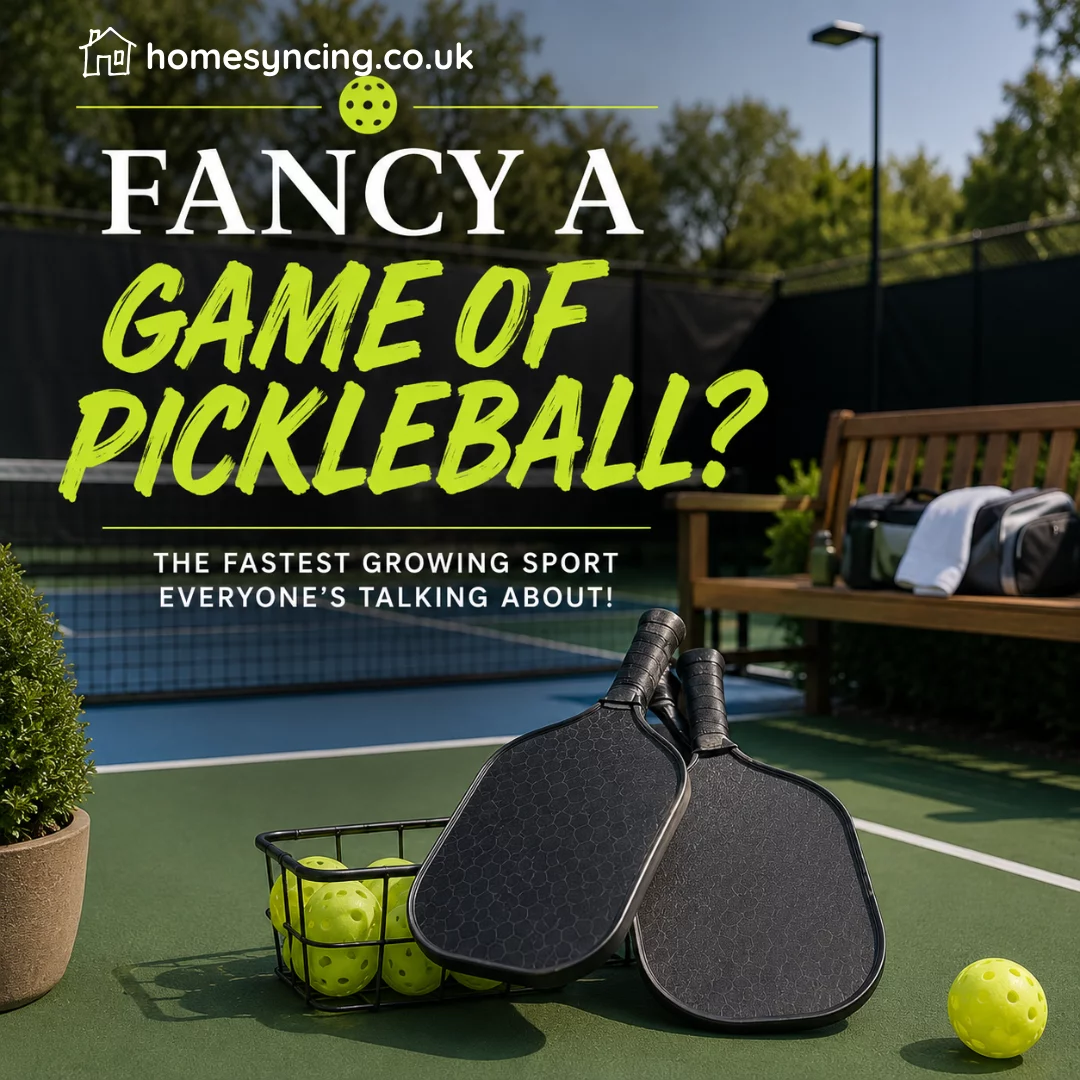 Outdoor pickleball court with paddles and pickleballs ready for play. The image features the title "Fancy a Game of Pickleball?" and highlights the fast-growing sport in a bright and energetic setting.