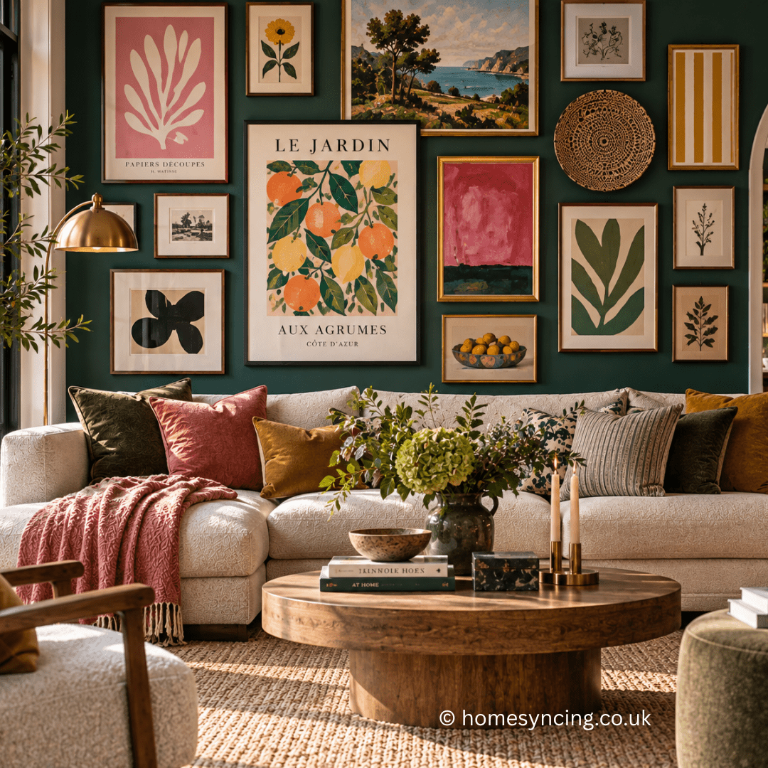 Bold gallery wall with colourful botanical, landscape and abstract artwork on a deep green wall above a cream sofa in a bright, stylish living room.