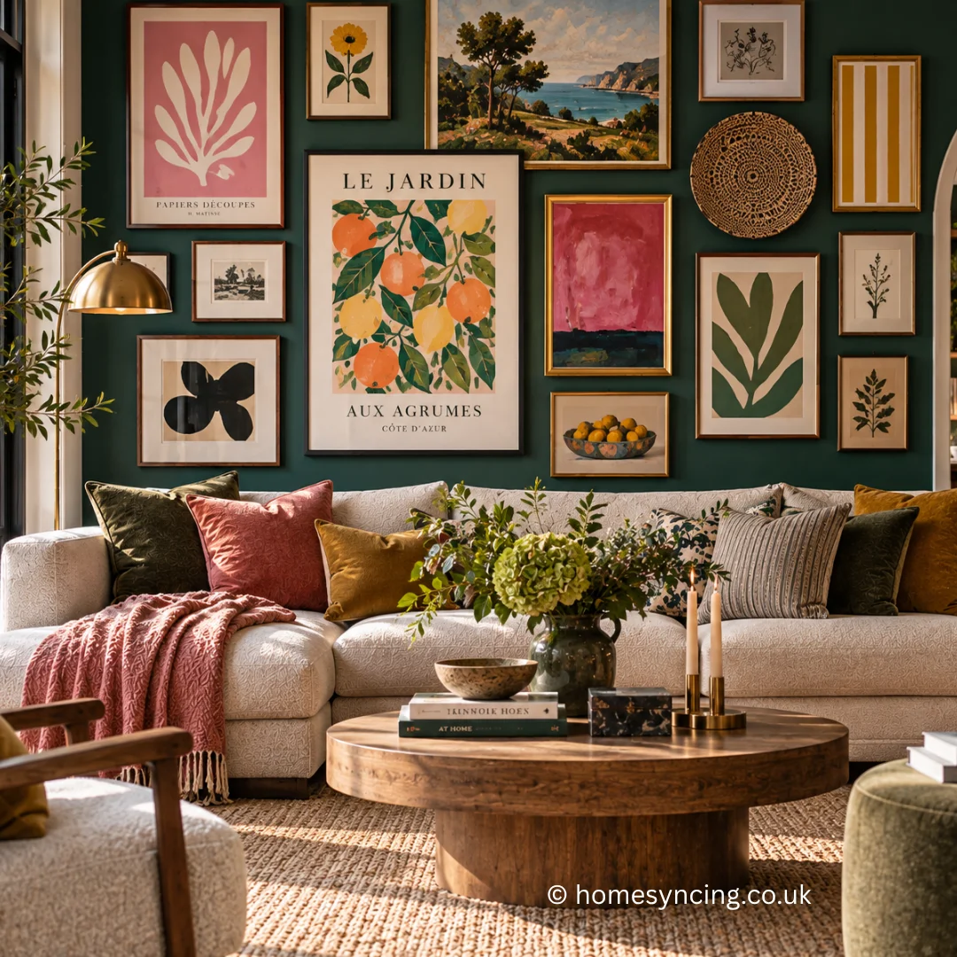 Bold gallery wall with colourful botanical, landscape and abstract artwork on a deep green wall above a cream sofa in a bright, stylish living room.