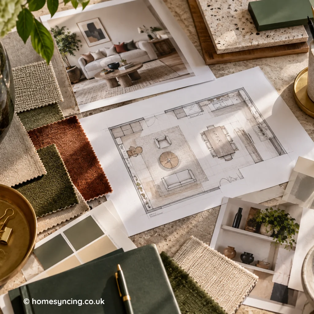 Interior designer’s desk viewed from above, with room plans, fabric swatches, paint samples and interior inspiration arranged across a stone worktop.