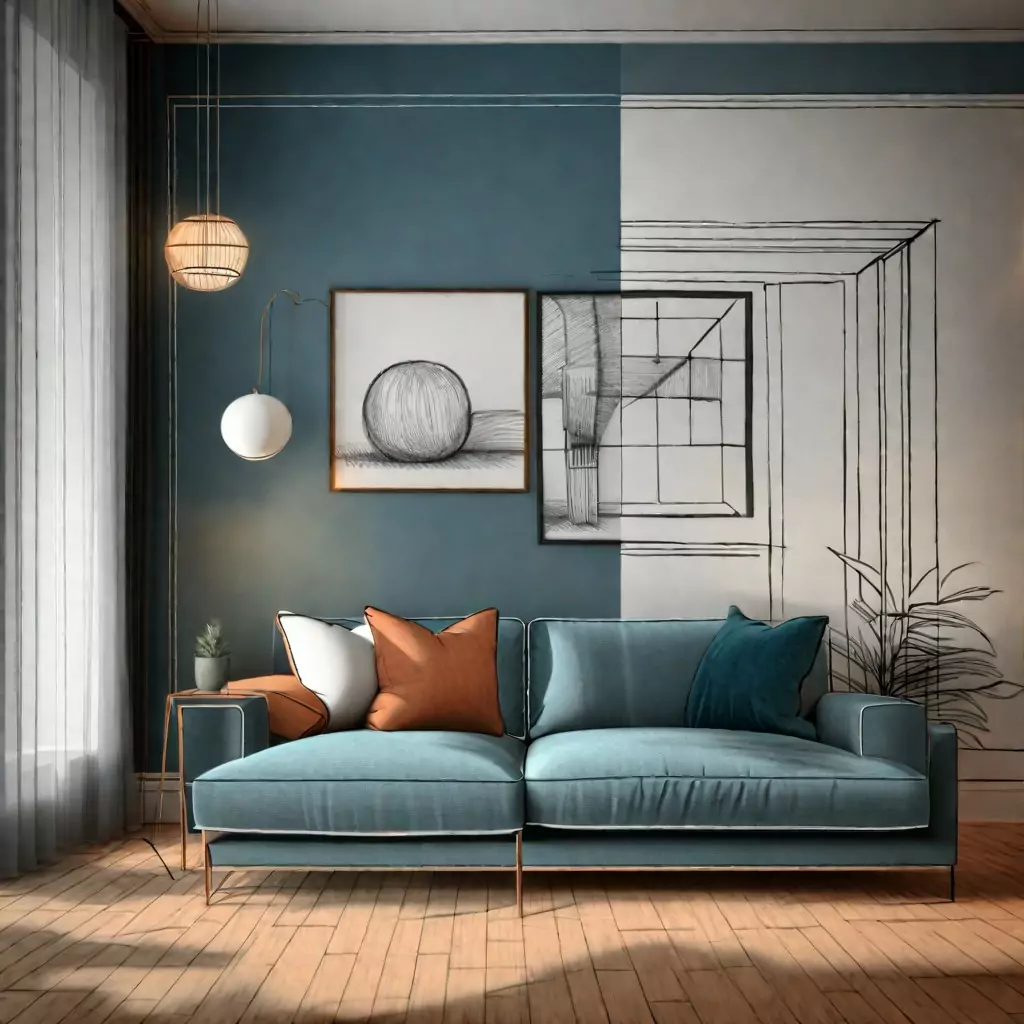 Image of a room with sofa - part coloured and actual and part as sketch traced drawn form.
