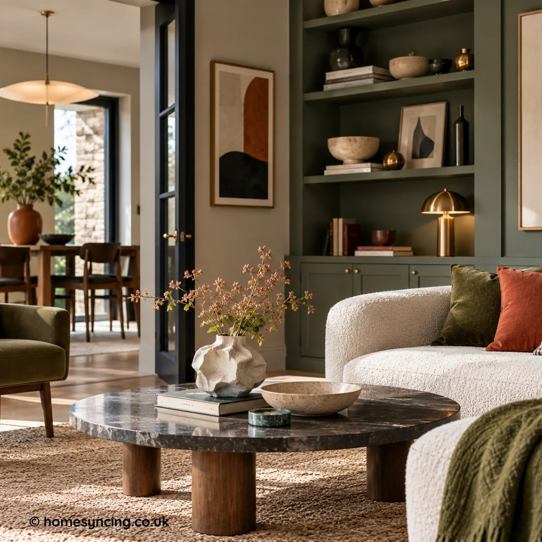 Design-led British living room with olive green built-in shelving, a curved cream sofa, dark stone coffee table and warm terracotta accents.
