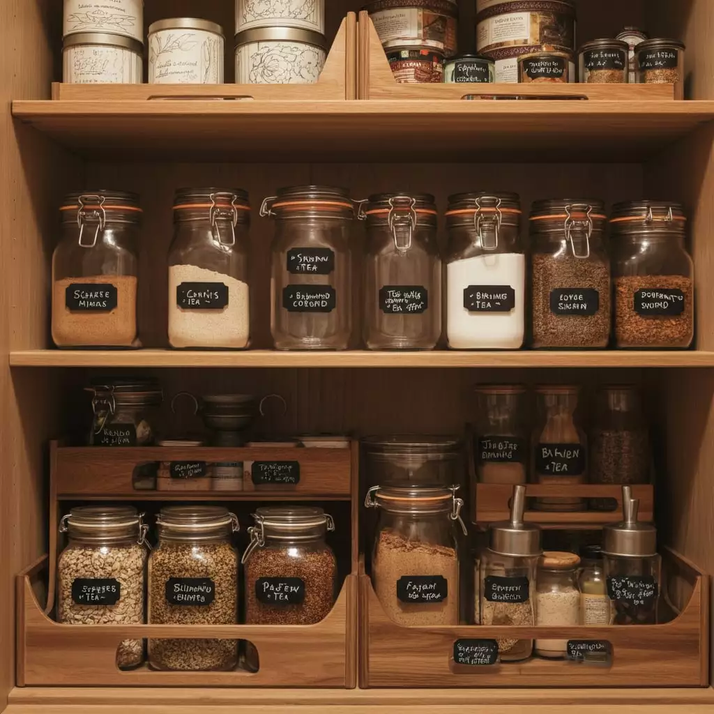 Pantry Shelving with Glass Jars with Black Labels.