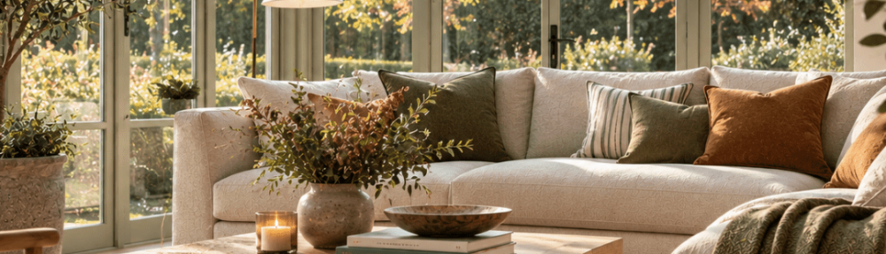 Bright contemporary conservatory living space with a cream corner sofa, warm wood coffee table, olive and rust cushions, natural textures and garden views.
