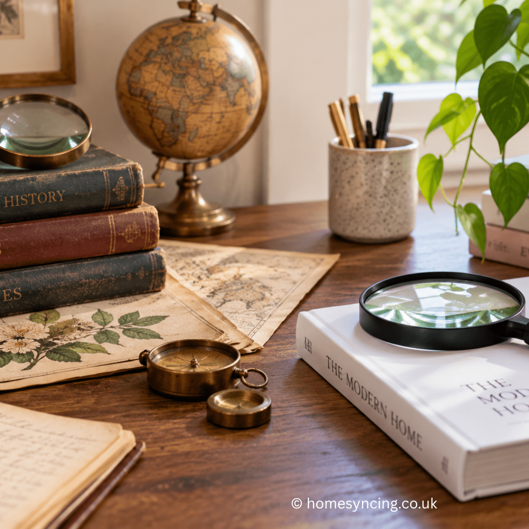 Vintage and modern magnifying glasses displayed side by side with old books, maps and contemporary design pieces, illustrating the magnifying glass then and now.