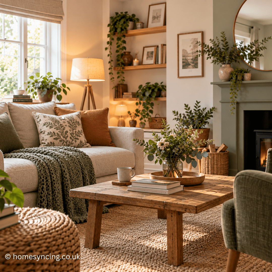 Bright, stylish living room transformed with affordable decorating ideas, including cosy textiles, natural wood, greenery, warm lighting and simple decorative accessories.