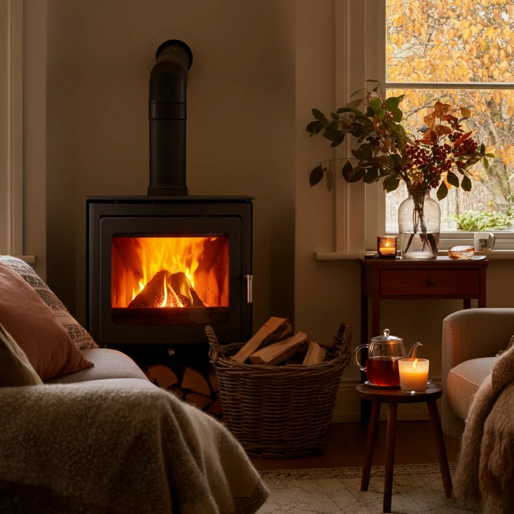 Autumn Home. Roaring fire with sofas and comfy throws