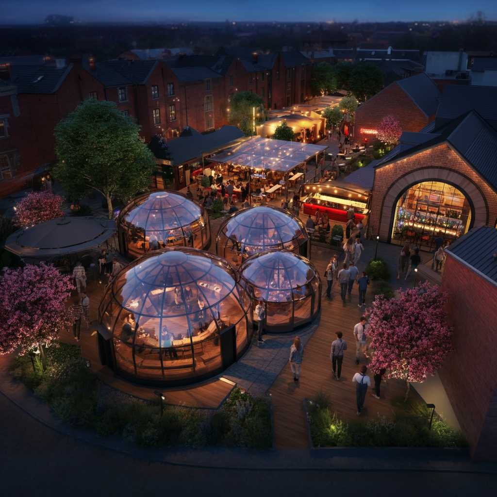 Outdoor Domes as an Entertainment Complex at night.