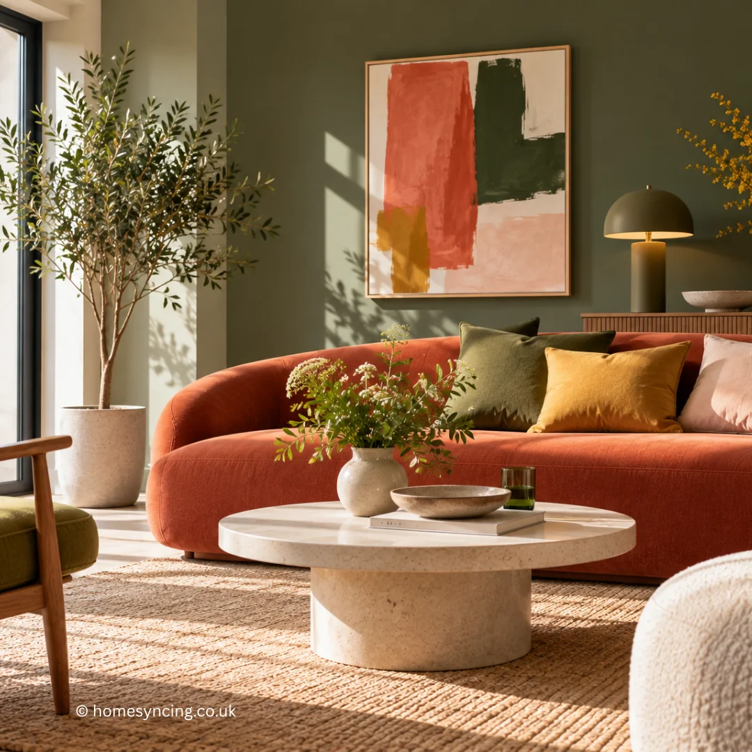 Bright contemporary living room with rich olive and rust tones, sculptural furniture, natural textures and warm wood, creating a simple yet striking take on moody interiors.