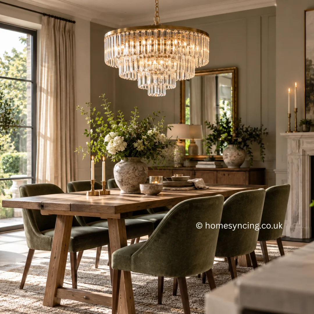 Elegant dining room featuring a statement crystal chandelier, warm oak table, olive-green velvet chairs and soft brass accents, creating a bright, sophisticated and timeless interior.
