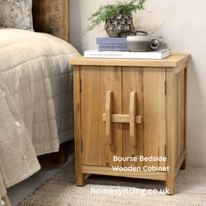 Wooden Natural Finish Cabinet with Slide wooden Bolt Lock. Bourse Bedside Cabinet
