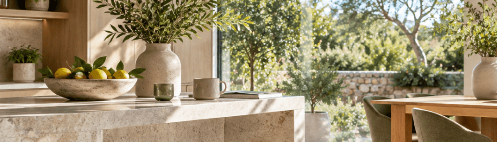 **Alt text:** Bright contemporary kitchen and dining space with pale stone, natural wood, green upholstered chairs and large windows overlooking the garden.