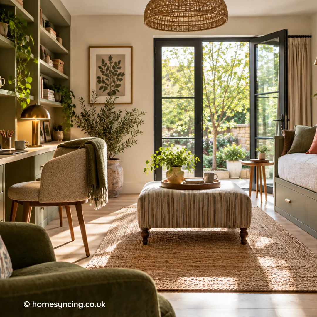 Bright multifunctional living space with a built-in home office, daybed, olive green cabinetry and garden doors, designed for working, relaxing and guests.