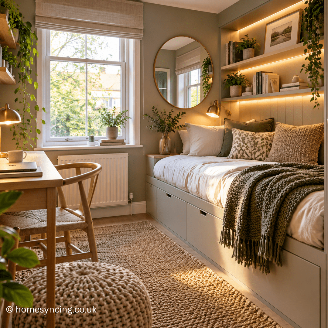 Stylish small bedroom and home office with clever built-in storage, multifunctional furniture, warm lighting, natural textures and greenery, making the most of a compact space.